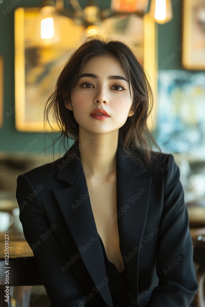 A woman in a black suit is sitting at a table. Generative AI A woman in a black suit is sitting at a table. Generative AI