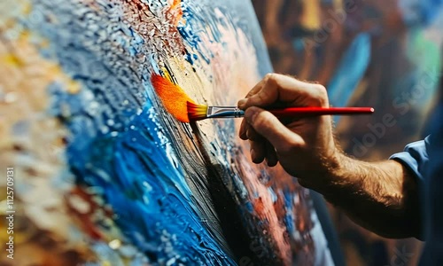 A close-up of a person's hand painting on a textured canvas, showcasing vibrant colors and brush strokes, highlighting the creative process in art.