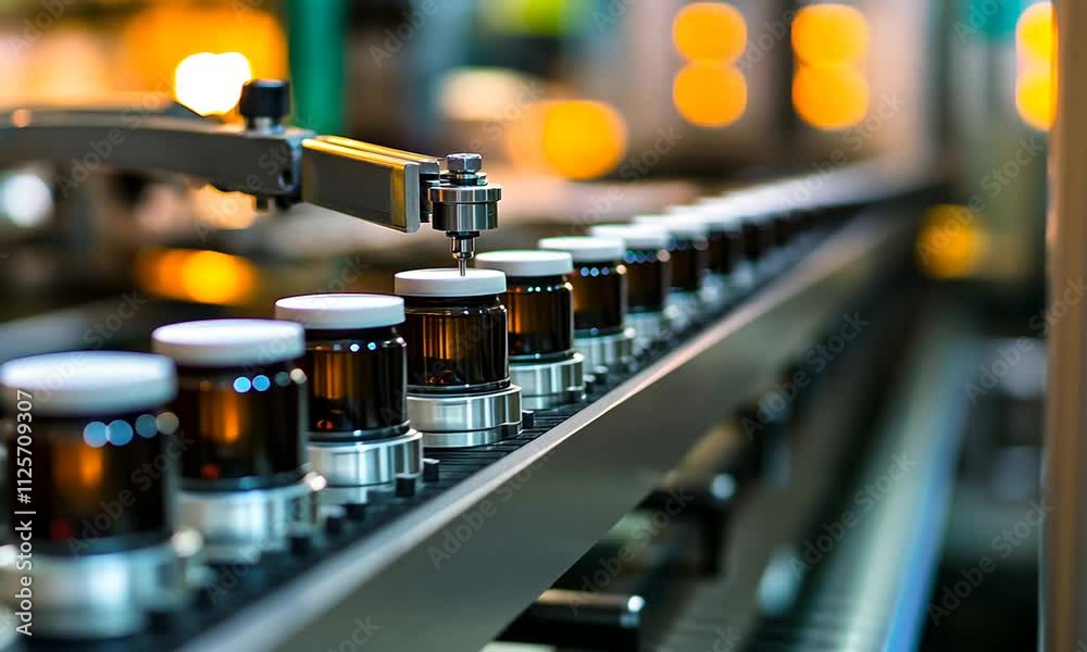 A close-up of a production line featuring robotic machinery filling amber glass bottles, highlighting automation in manufacturing. A close-up of a production line featuring robotic machinery filling amber glass bottles, highlighting automation in manufacturing.