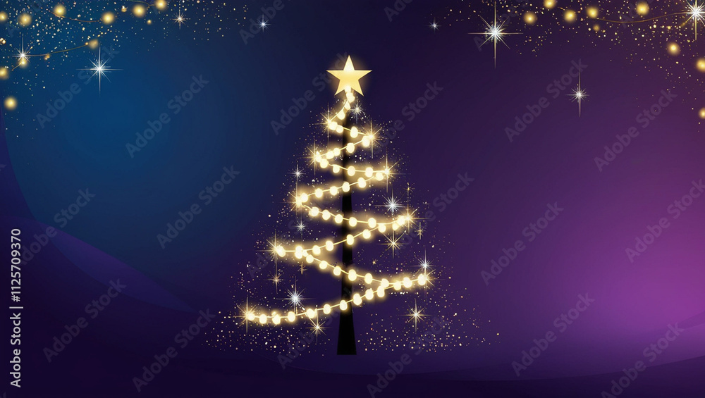 A magical Christmas tree glowing with golden lights on a starry purple background. Perfect for holiday themes and winter celebrations A magical Christmas tree glowing with golden lights on a starry purple background. Perfect for holiday themes and winter celebrations