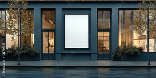 Modern Architecture Store at Night with Abstract Glass Display and Greenery