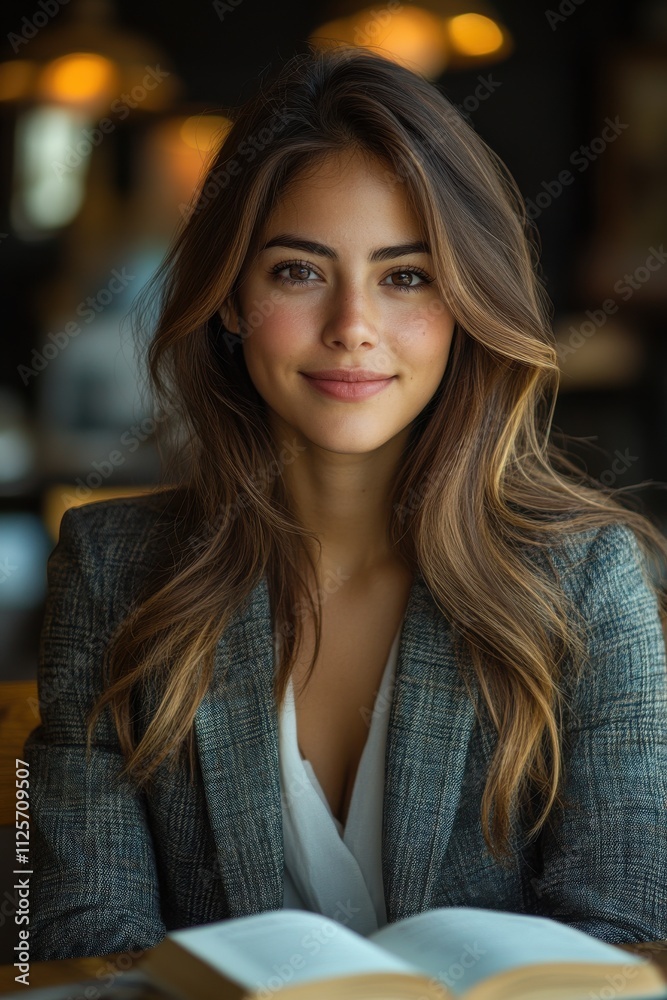 A woman with long brown hair is sitting at a table with a book in front of her. Generative AI A woman with long brown hair is sitting at a table with a book in front of her. Generative AI