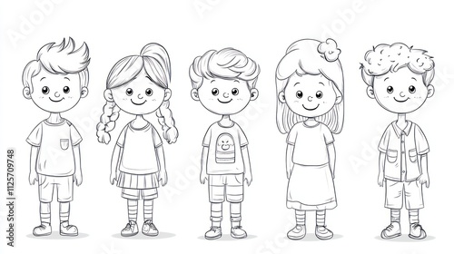 Five happy children standing in a row, simple line art illustration.