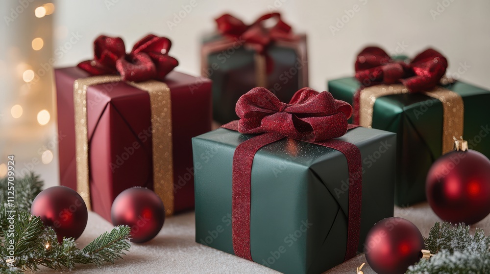 Three green and red boxes with red bows on top of a table with a bunch of red ba. Generative AI Three green and red boxes with red bows on top of a table with a bunch of red ba. Generative AI