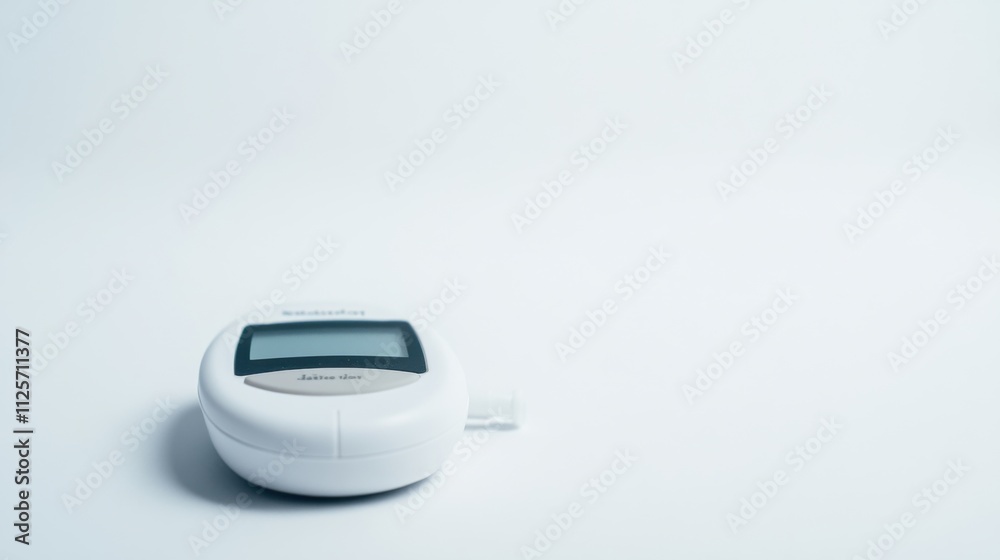 A close-up of a glucometer measuring blood sugar levels, against a white background, Minimalist style A close-up of a glucometer measuring blood sugar levels, against a white background, Minimalist style
