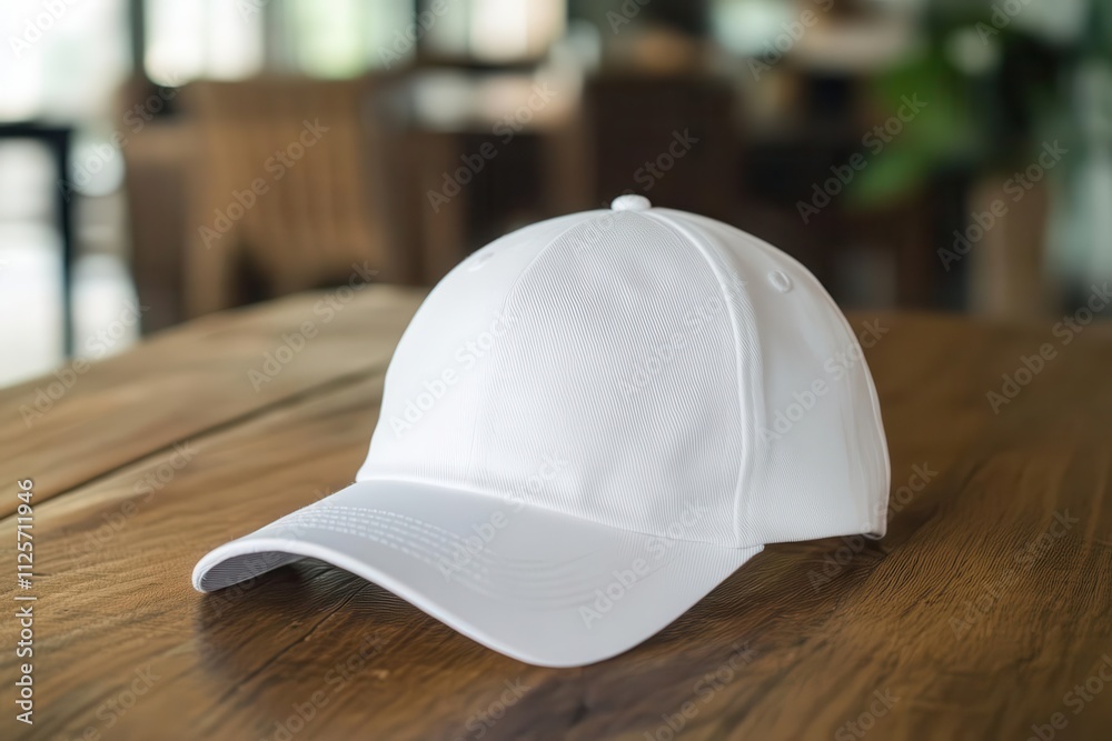 A simple white cap resting on a wooden table in a casual setting. A simple white cap resting on a wooden table in a casual setting.