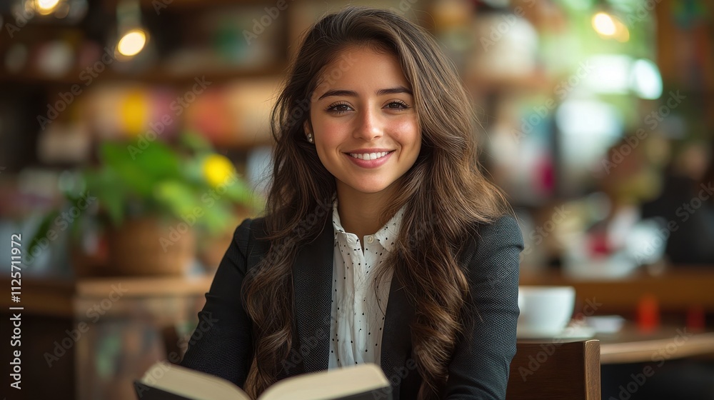 A woman is sitting at a table with a book in front of her. Generative AI A woman is sitting at a table with a book in front of her. Generative AI