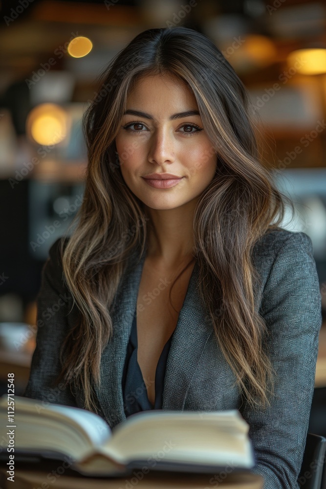 A woman with long brown hair is sitting at a table with a book in front of her. Generative AI A woman with long brown hair is sitting at a table with a book in front of her. Generative AI