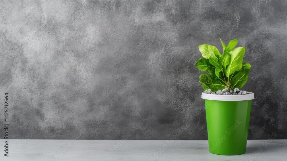 Fresh Green Plant in Bright Green Pot Against Textured Gray Background for Modern Decor Inspiration