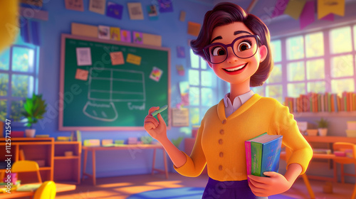 Joyful Teacher in a Colorful Classroom. Portrait and Job Profession Concept