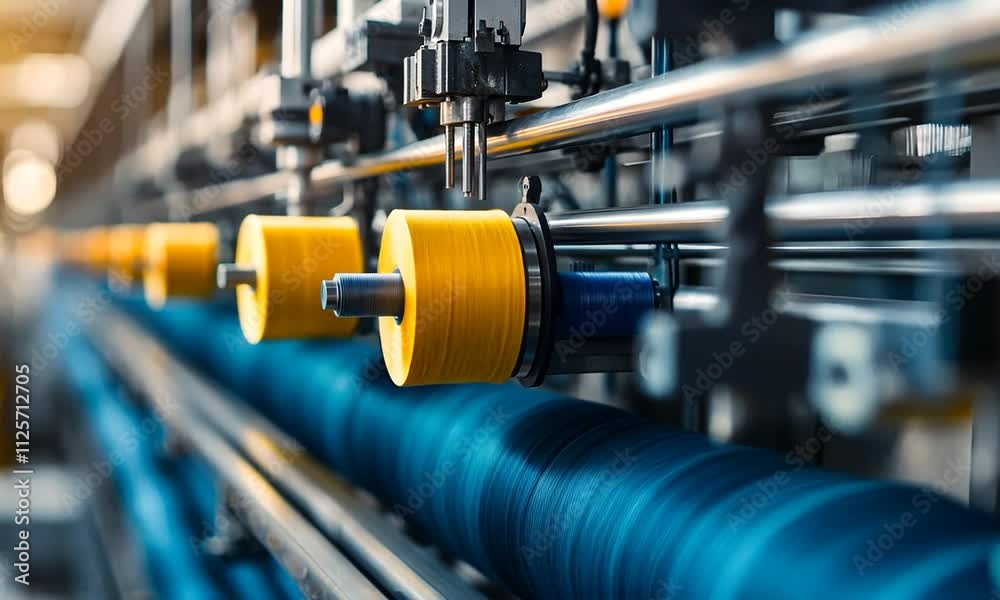 A close-up view of a textile manufacturing machine featuring spools of colorful thread, highlighting the intricate process of thread production in the textile industry.