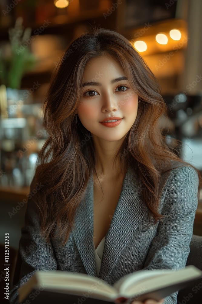 A woman with long brown hair is sitting at a table with a book in front of her. Generative AI A woman with long brown hair is sitting at a table with a book in front of her. Generative AI