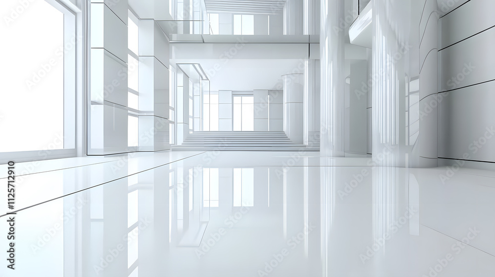 Obraz premium modern, spacious interior with glossy white surfaces and large windows, creating bright and airy atmosphere. sleek design emphasizes minimalism and elegance