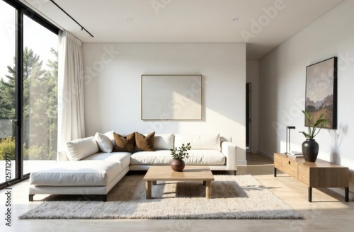 Contemporary living room with low profile sectional, minimalist coffee table and fine art. Scandinavian style