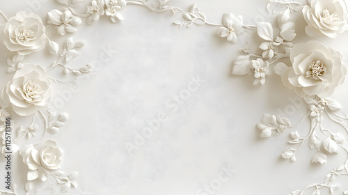 Elegant white floral arrangement on textured background, featuring intricate flowers and leaves, perfect for invitations or decorative purposes