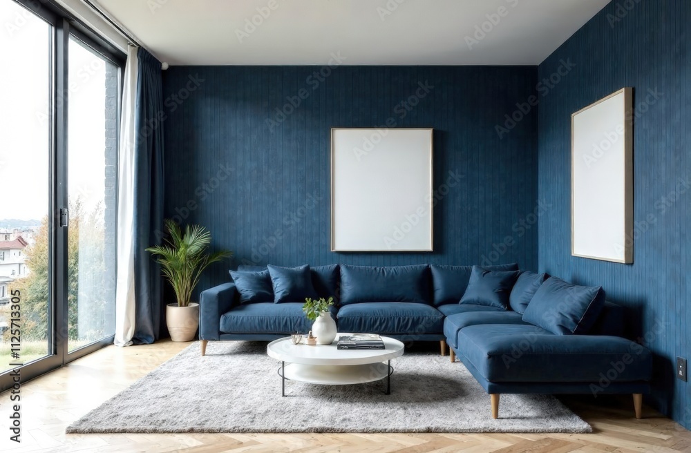 Streamlined living room with low gray contemporary style sectionals, blue striped wallpaper on the wall, minimalist coffee table and beautiful artwork. Streamlined living room with low gray contemporary style sectionals, blue striped wallpaper on the wall, minimalist coffee table and beautiful artwork.