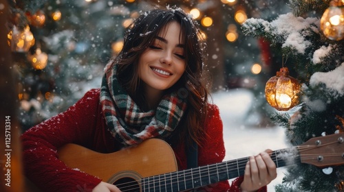 A woman is playing a guitar in the snow. Generative AI