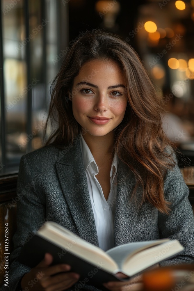 A woman is sitting at a table with a book in front of her. Generative AI A woman is sitting at a table with a book in front of her. Generative AI