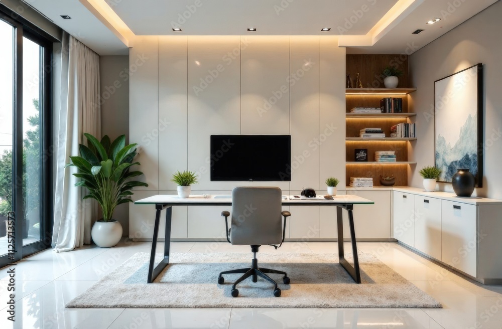 Minimalist workshop with modern design. The space is a clean, functional workspace with built-in storage, simple shelving Minimalist workshop with modern design. The space is a clean, functional workspace with built-in storage, simple shelving