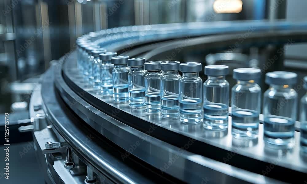 A close-up view of glass vials on a conveyor belt in a pharmaceutical manufacturing facility, highlighting the production of vaccines or medications.