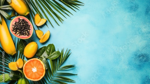 Tropical Fruits and Palm Leaves on Blue Background