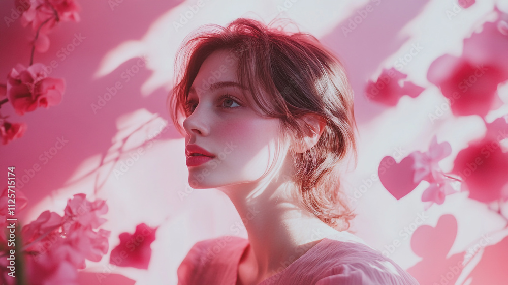 Fototapeta premium Beautiful portrait of a woman surrounded by pink flowers and heart decorations for Valentine's Day