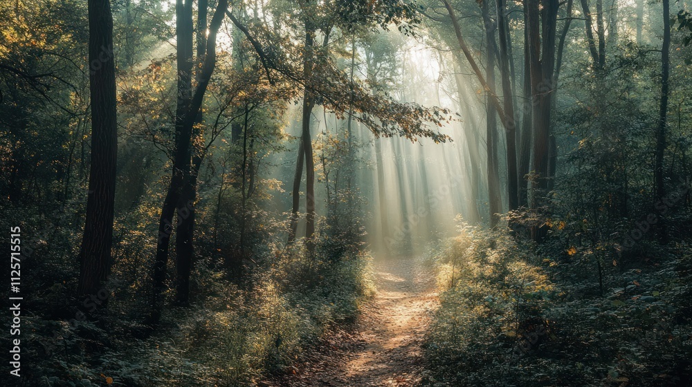 Fototapeta premium Sunbeams illuminate a misty forest path.