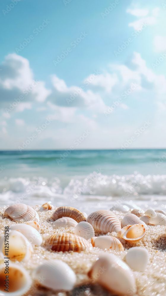 Seashells scattered on sandy beach under clear blue sky and sunlight Seashells scattered on sandy beach under clear blue sky and sunlight