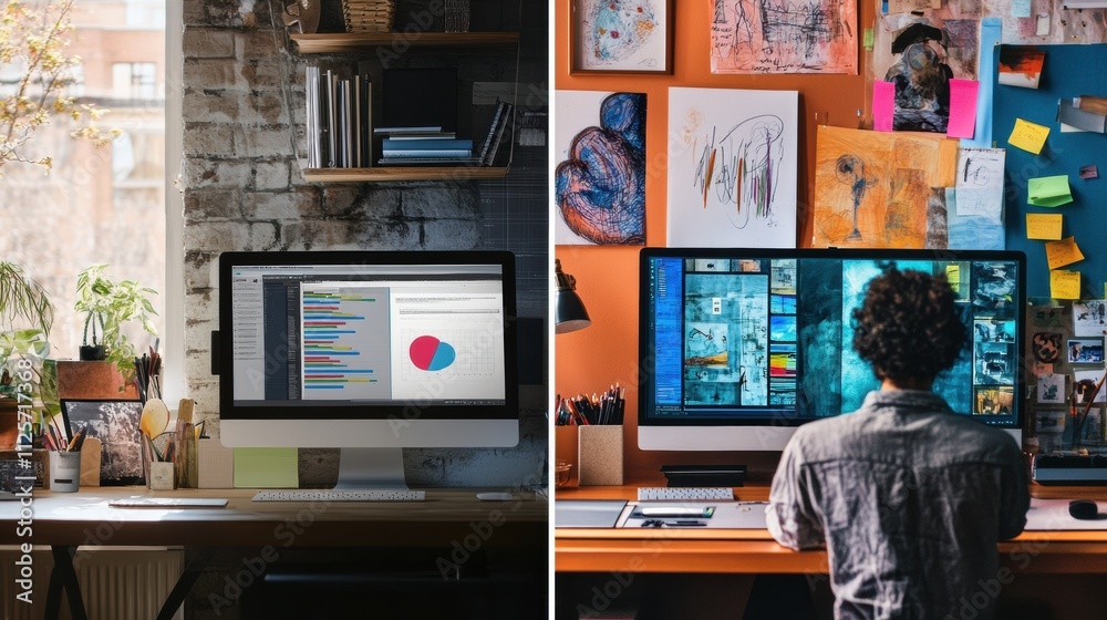One side features a clean workspace with data visualization, while the other displays colorful art and creative projects, inviting inspiration. Generative AI One side features a clean workspace with data visualization, while the other displays colorful art and creative projects, inviting inspiration. Generative AI