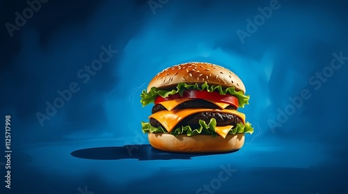 Colorful burger illustration, vibrant food art design with bright blue background, showcasing layers of fresh ingredients like lettuce, tomato, and cheese Perfect for food related themes