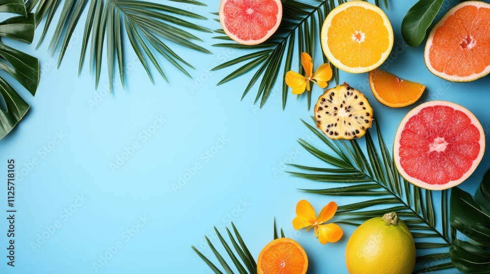 Summer Fruit and Palm Leaves on Blue Background Summer Fruit and Palm Leaves on Blue Background