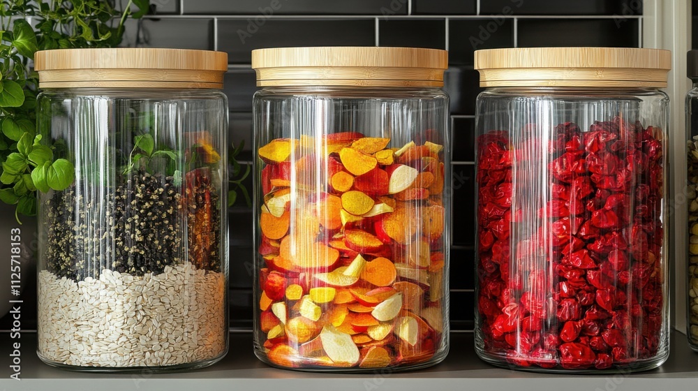 Three glass jars filled with colorful dried fruits and vegetables, neatly arranged on a shelf, showcasing vibrant colors and healthy ingredients. Three glass jars filled with colorful dried fruits and vegetables, neatly arranged on a shelf, showcasing vibrant colors and healthy ingredients.