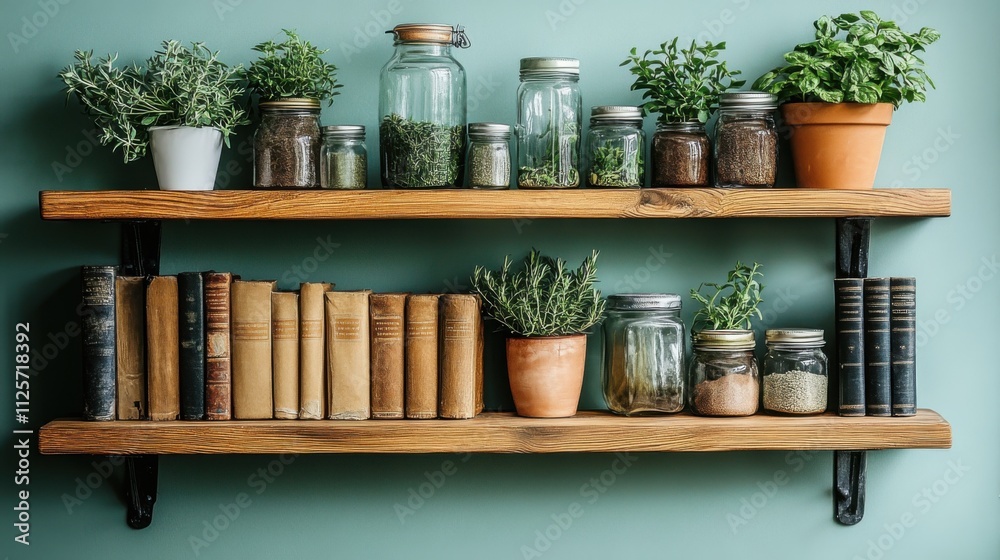 A rustic shelf displays books and various potted herbs in glass jars, creating a cozy, green ambiance against a soft-colored wall.