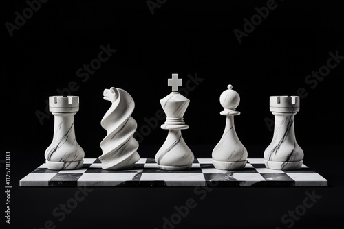 Modern marble chess pieces on a black-and-white chessboard for strategy and decor themes photo