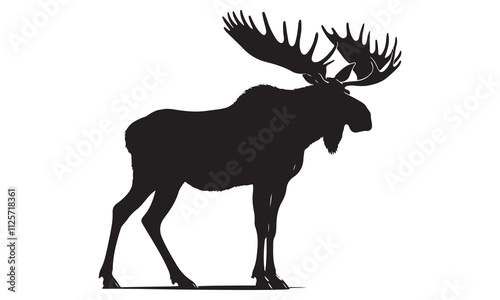 Majestic Bull Moose Silhouette:  Side Profile, Black and White, Isolated on White Background.  Camera: Eye-level. Effect: High contrast. Background: Plain white.
