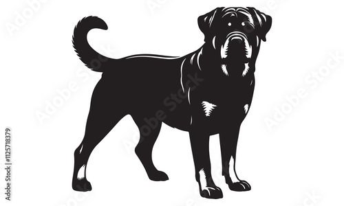 Majestic Rottweiler Silhouette: Bold Black & White Canine Portrait, Front View, High Contrast, White Background.
