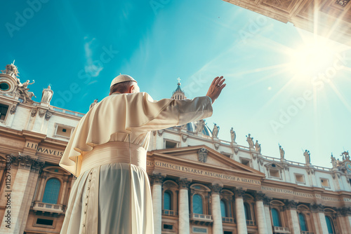 Religious leader blesses crowd at iconic Vatican City landmark.