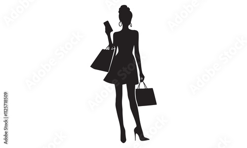 Stylish Woman Silhouette Shopping: Black and White, Full Body Shot, White Background, Front View.