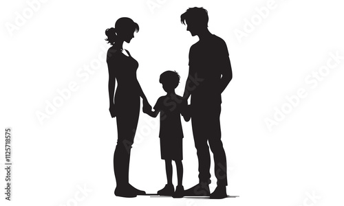 Silhouette of a Happy Family: Mom, Dad, and Son Holding Hands,  Full Body Shot, Black and White, White Background, Eye-Level View.
