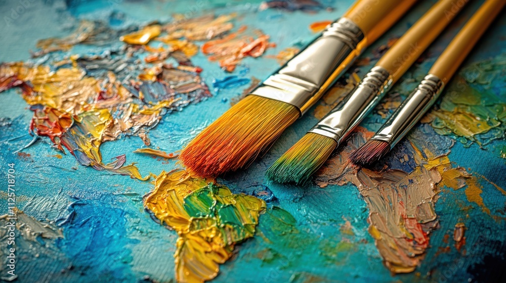 Obraz premium A vibrant world map painted with thick brush strokes, showcasing artistic colors alongside paintbrushes, symbolizing creativity and exploration.