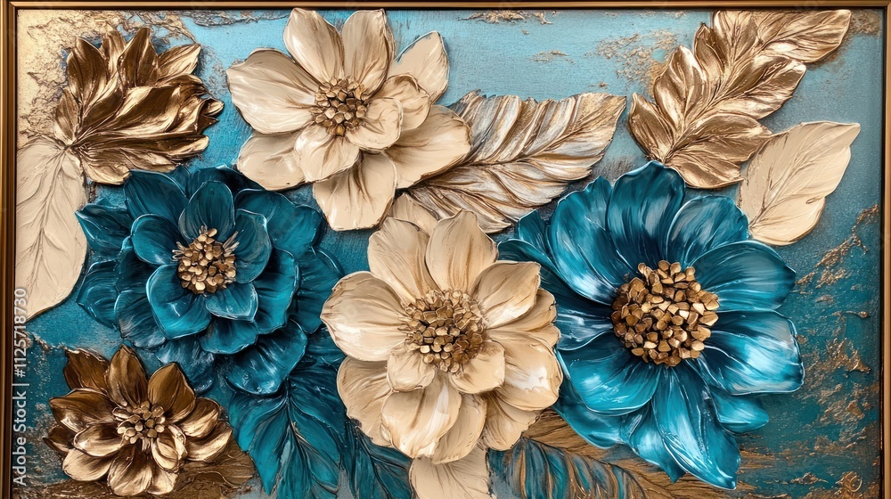 Fototapeta premium Teal and gold 3D floral wall art.