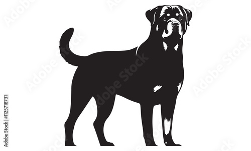 Rottweiler Silhouette: Bold Black & White Canine Portrait, Front View, Solid Black, White Background, Direct Eye Contact.
