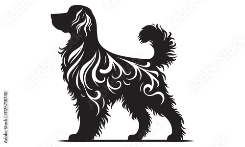 Ornate Dog Silhouette: Black and White Floral Design, Side Profile,  High-Contrast Effect, White Background. Camera Position: Side.