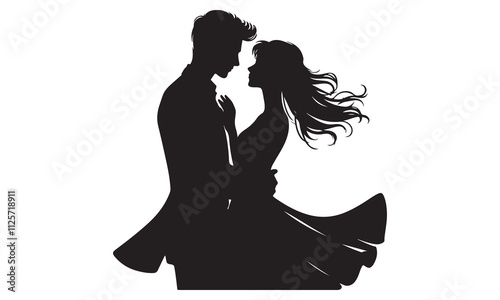 Silhouette of a Romantic Couple Embracing,  Black and White, Front View, White Background, High Contrast Effect.
