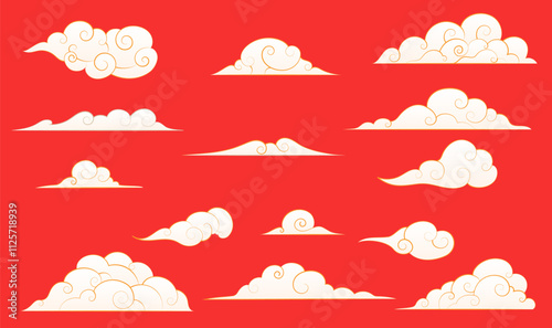 Collection of white Chinese moire material on a red background