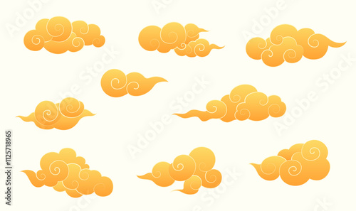 Collection of yellow Chinese moire material on a white background