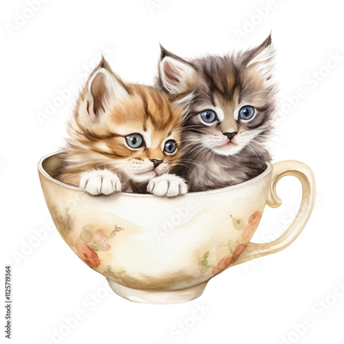 Adorable pair kittens sitting inside elegant floral teacups watercolor design pet art greeting cards children’s decor whimsical illustration tea party two cat cafe clipart shelter adoption fluffy