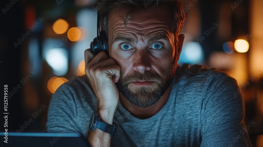 Focused man with headphones engaged in deep concentration at night Focused man with headphones engaged in deep concentration at night