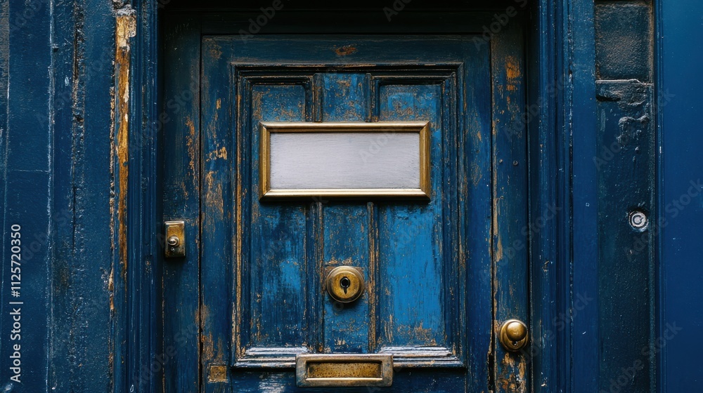 A front-on medium shot of a rustic storefront door, featuring a blank rectangular sign in a weathered wooden frame, surrounded by deep blue paint and a vintage brass door handle A front-on medium shot of a rustic storefront door, featuring a blank rectangular sign in a weathered wooden frame, surrounded by deep blue paint and a vintage brass door handle