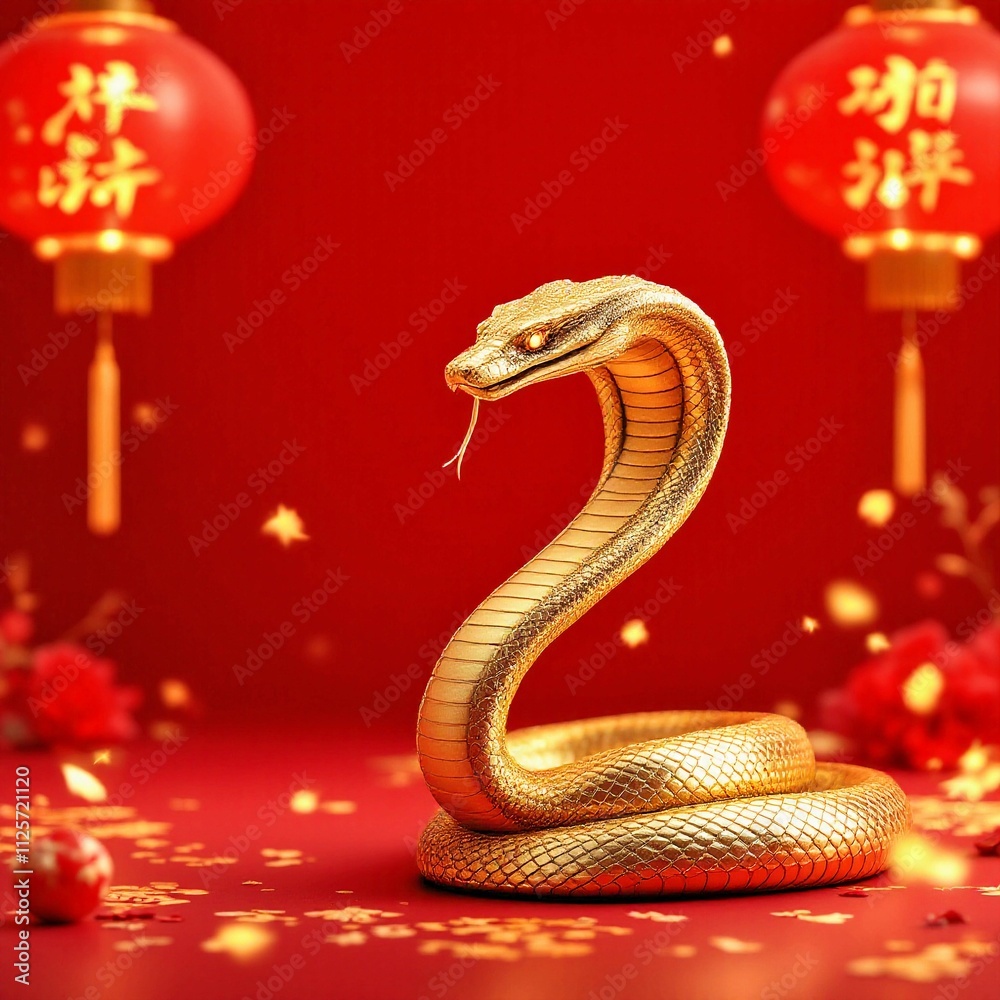 Chinese New Year 2025 Concepts: Golden Snake with Lantern Decorations on Red Background for Festive Vibes